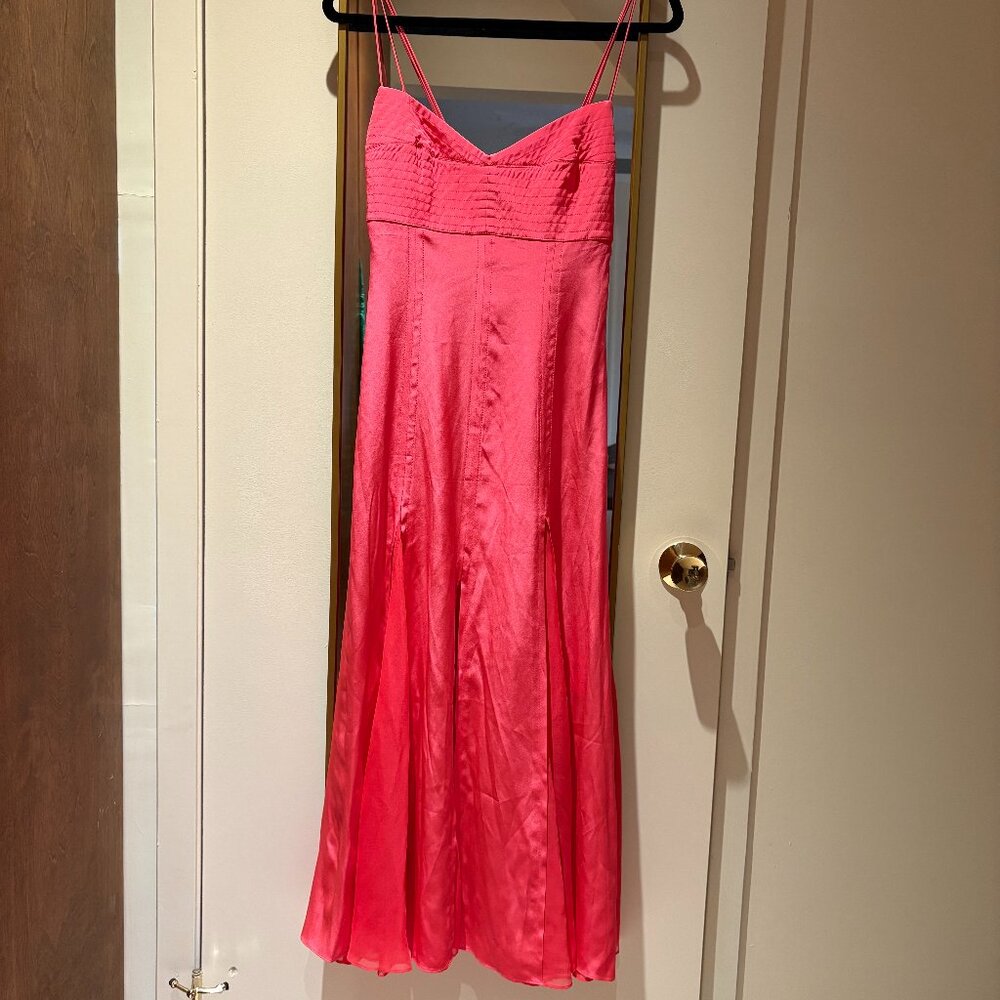 100% Silk La Ligne Melon-Colored Maxi Dress with Sheer Inserts at Hem